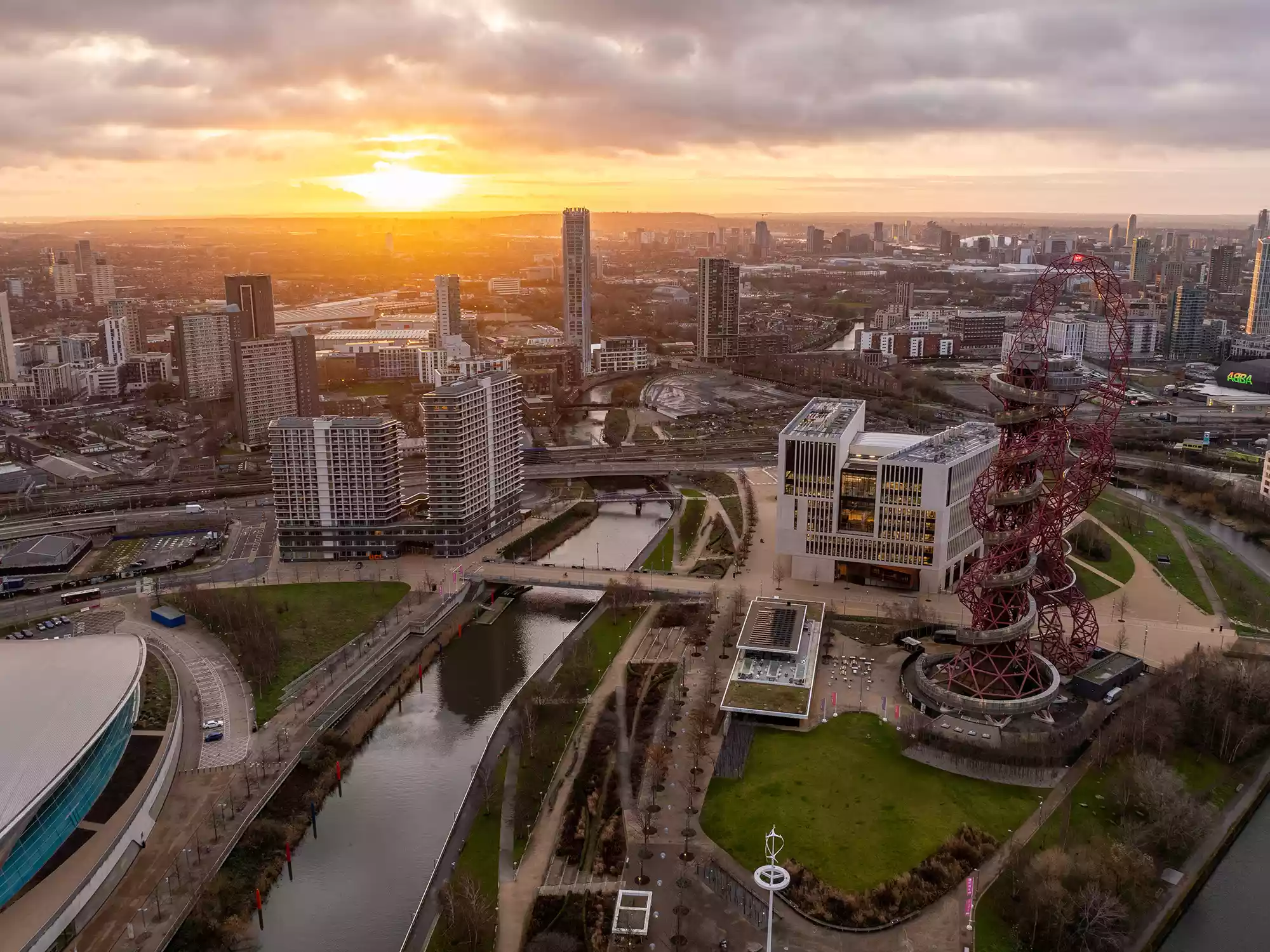 Drone photo of the London College of Fashion East Bank campus, filmed for Portview